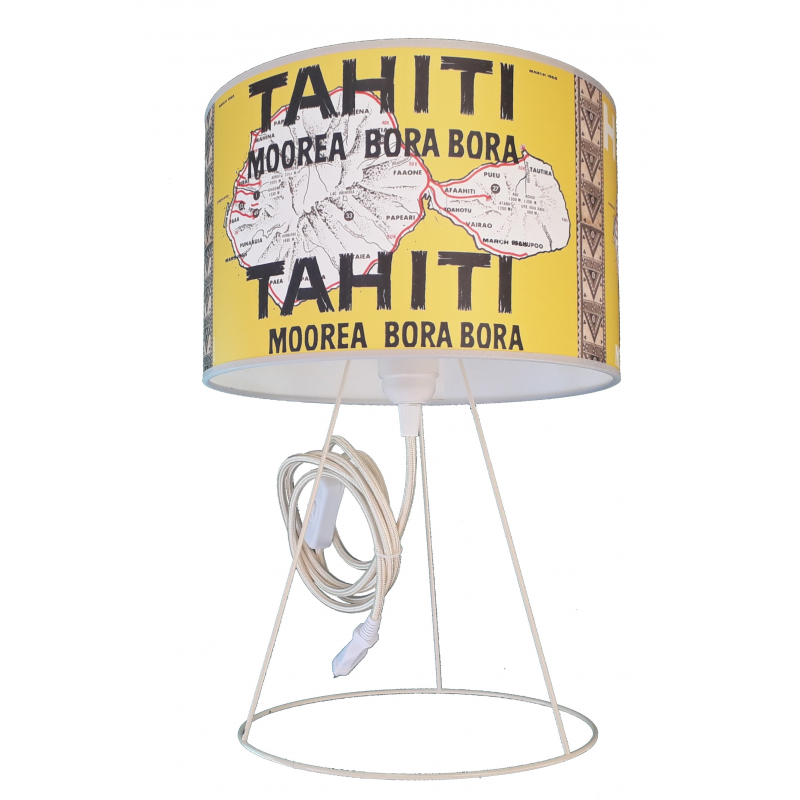 Abat jour vintage 28cm motif carte Polynesie Tahiti, Moorea, Bora bora, turquoise clair