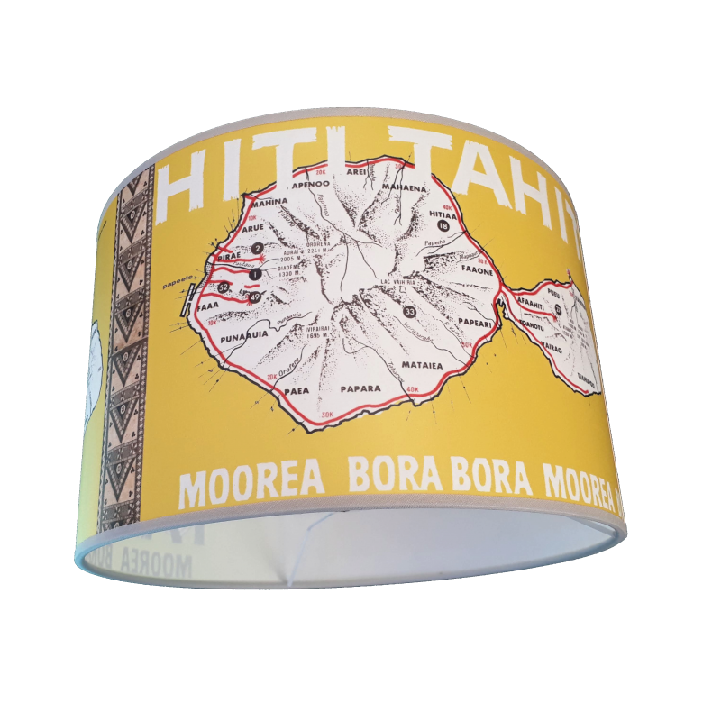 Abat jour vintage 28cm motif carte Polynesie Tahiti, Moorea, Bora bora, turquoise clair