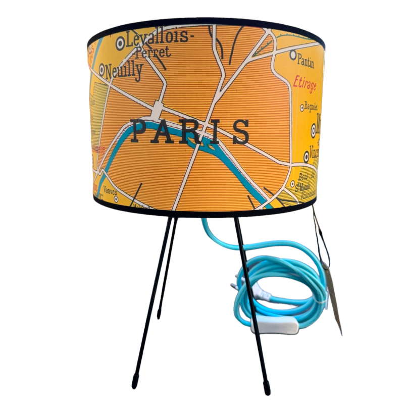 ABAT JOUR LAMPE CARTE GEOGRAPHIE VINTAGE  Paris JAUNE - motif affiche scolaire
