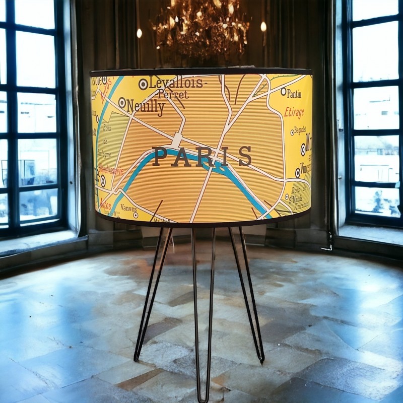 ABAT JOUR LAMPE CARTE GEOGRAPHIE VINTAGE  Paris JAUNE - motif affiche scolaire