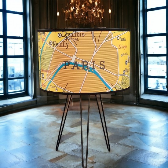ABAT JOUR LAMPE CARTE GEOGRAPHIE VINTAGE  Paris JAUNE - motif affiche scolaire
