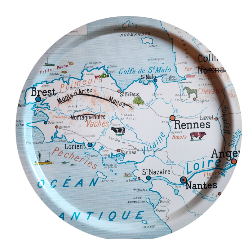 PLATEAU rond CARTE GEOGRAPHIE LA BRETAGNE grand modèle