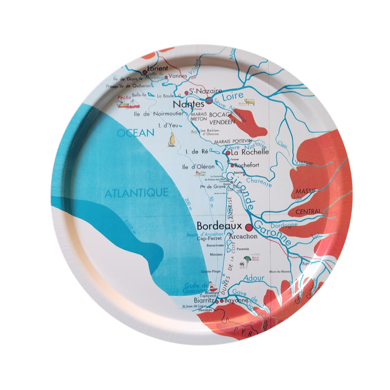 PLATEAU rond CARTE GEOGRAPHIE L'ATLANTIQUE grand modèle