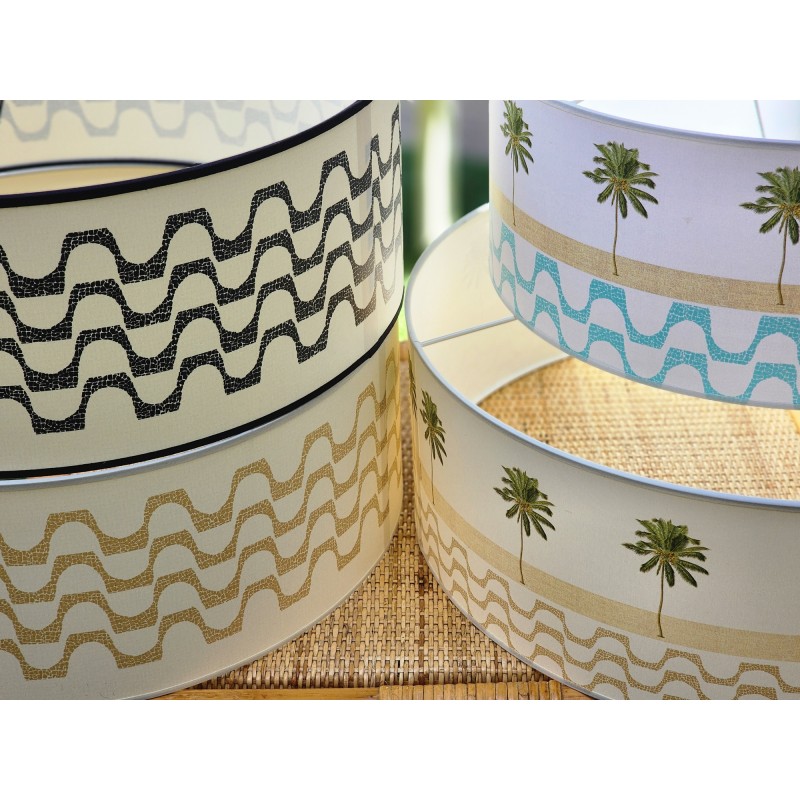 Suspension lustre  illustration VAGUES bleues turquoises SUR FOND BLANC sable or