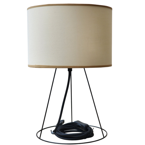 pied de lampe  tripode métal peint en noir équipé de son cordon électrique en tissu
