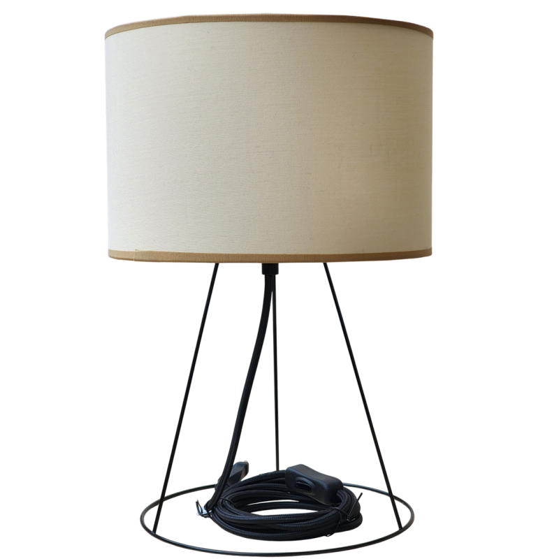 pied de lampe  tripode métal peint en noir équipé de son cordon électrique en tissu