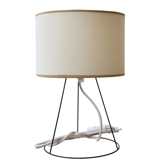 pied de lampe  tripode métal peint en noir équipé de son cordon électrique en tissu