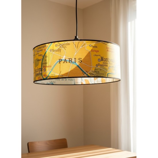 SUSPENSION LAMPE CARTE GEOGRAPHIE VINTAGE  Paris JAUNE - motif affiche scolaire