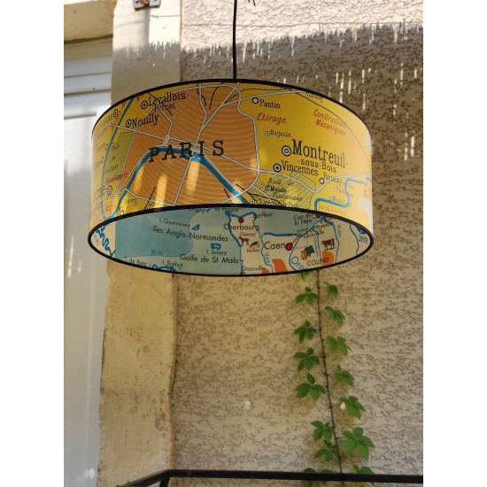 SUSPENSION LAMPE CARTE GEOGRAPHIE VINTAGE  Paris JAUNE - motif affiche scolaire
