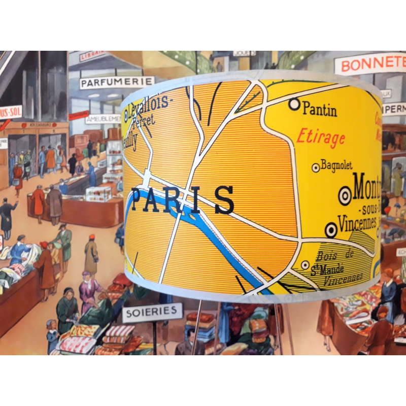 ABAT JOUR LAMPE CARTE GEOGRAPHIE VINTAGE  Paris JAUNE - motif affiche scolaire