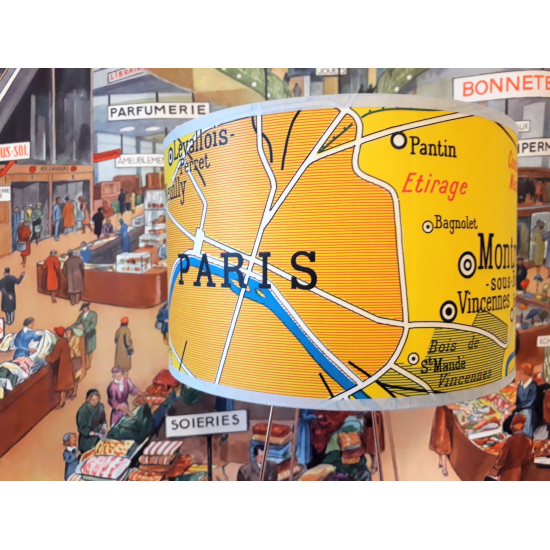 ABAT JOUR LAMPE CARTE GEOGRAPHIE VINTAGE  Paris JAUNE - motif affiche scolaire
